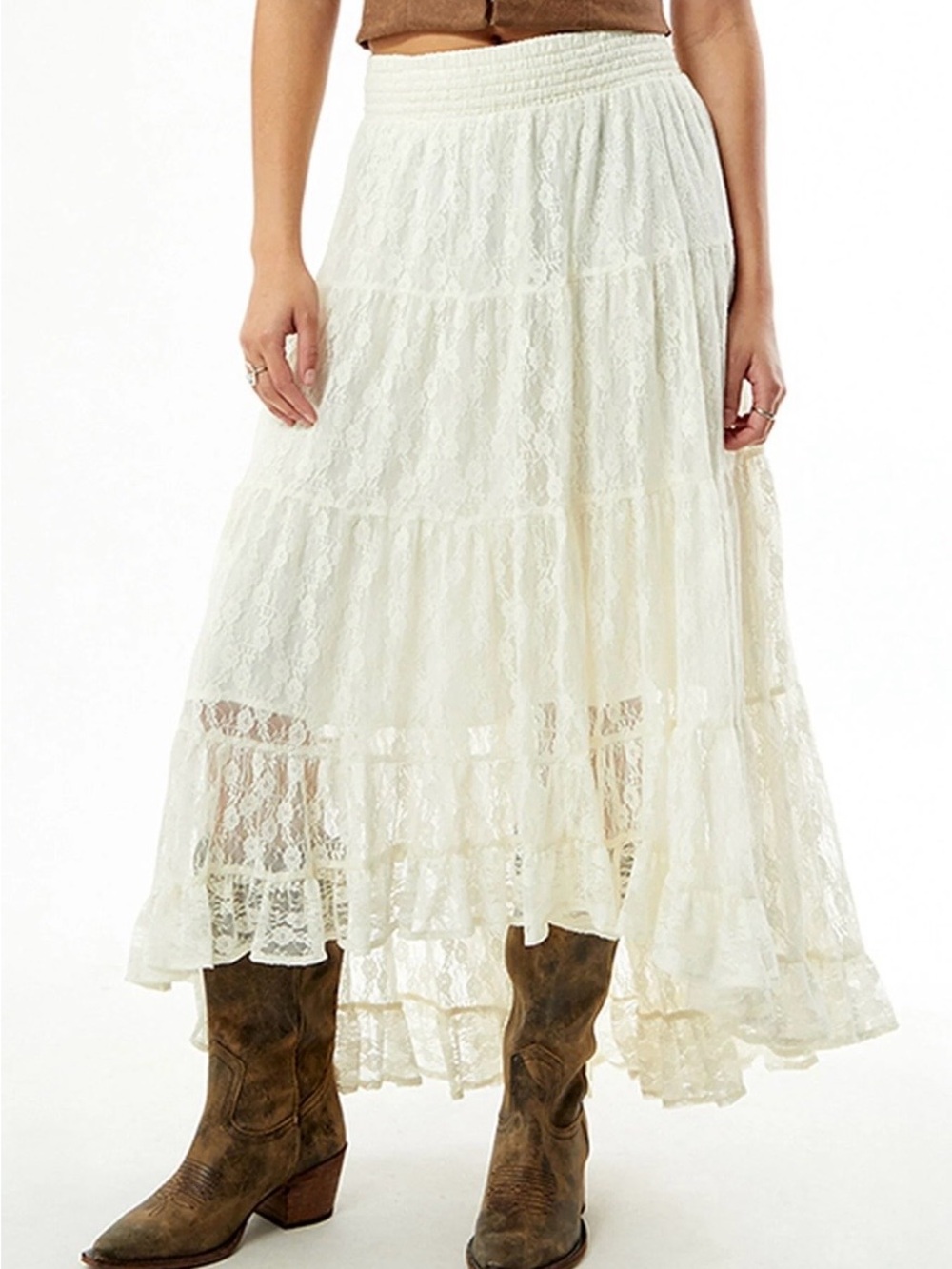 PacSun Ivory High-Low Lace Midi Skirt